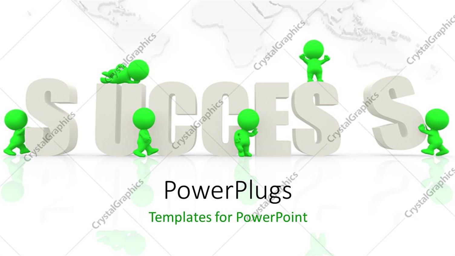 Featuring Green 3D Men Putting Letters of SUCCESS Together Over World Map