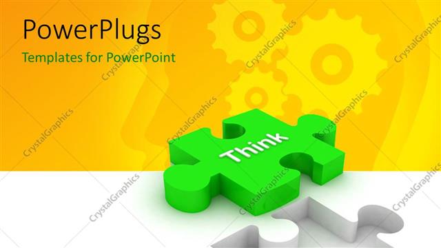  Presentation with puzzle green - Green 3D missing puzzle piece on white surface with gear in human head?