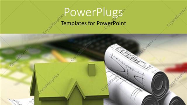  Presentation with designs - Green 3D rendering of house sitting of architectural designs with pen and calculator