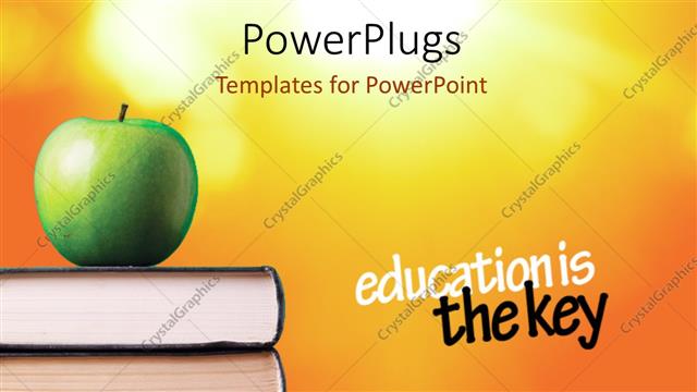 Presentation with saying - Green Apple over books with saying ' education is the key'