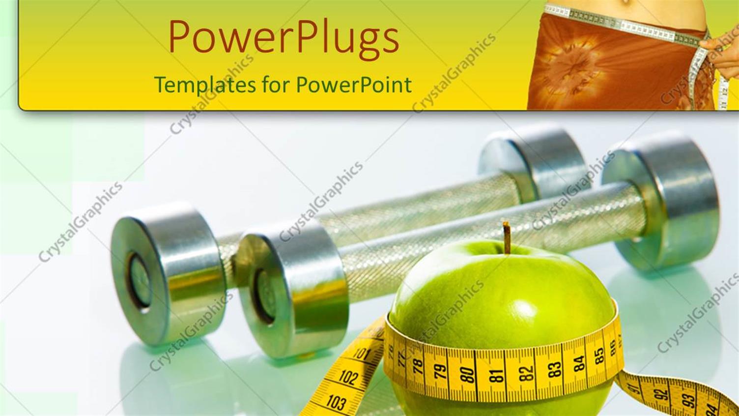 Featuring Green Apple with Yellow Measuring Tape Around Apple, Two small Dumbbells on Glossy Surface