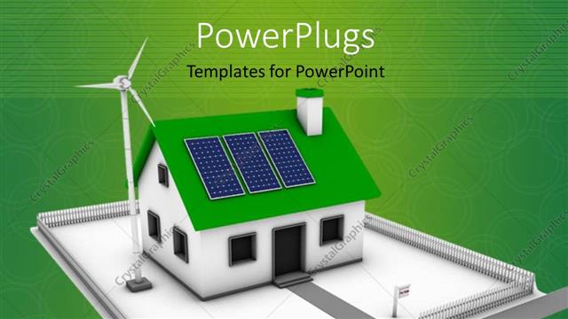  Presentation with green house - Green background with 3D rendering of house powered by solar panels
