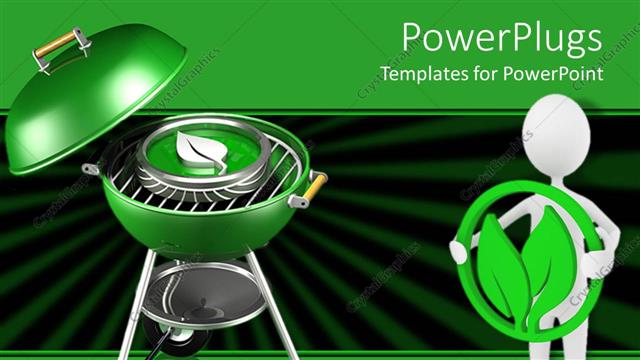  Presentation with grilling - Green barbecue grill with metallic leaf on it and man holding leaf