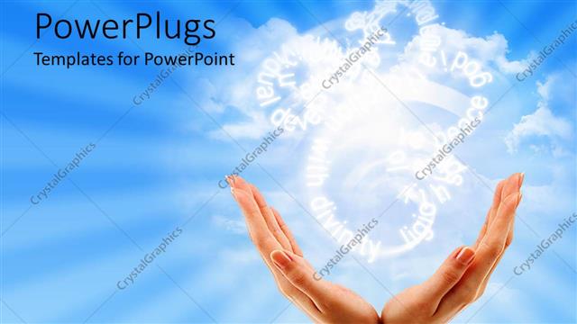  Presentation with talk - Green beautiful field with open hands raised to cloudy sky praying