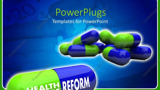  Presentation with tablets - Green and blue capsule pills, close up of capsule with health care on green side and reform on blue side, hand with capsules and tablets in background