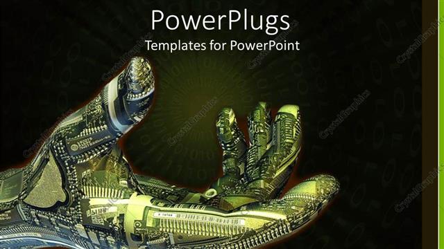  Presentation with light green - Green and blue robot hand with circuitboard with black and green background and green light burst