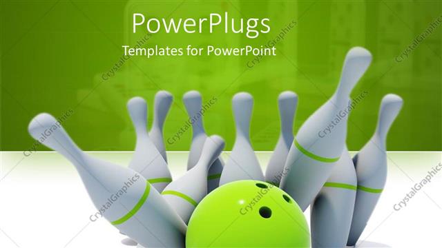  Presentation with bowling - Green bowling ball next to white pins on white surface