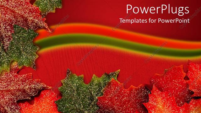  Presentation with leaves - Green and brown colored autumn leaves on a red background