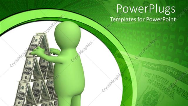  Presentation with pyramid - A green character arranging a pyramid of dollar bills