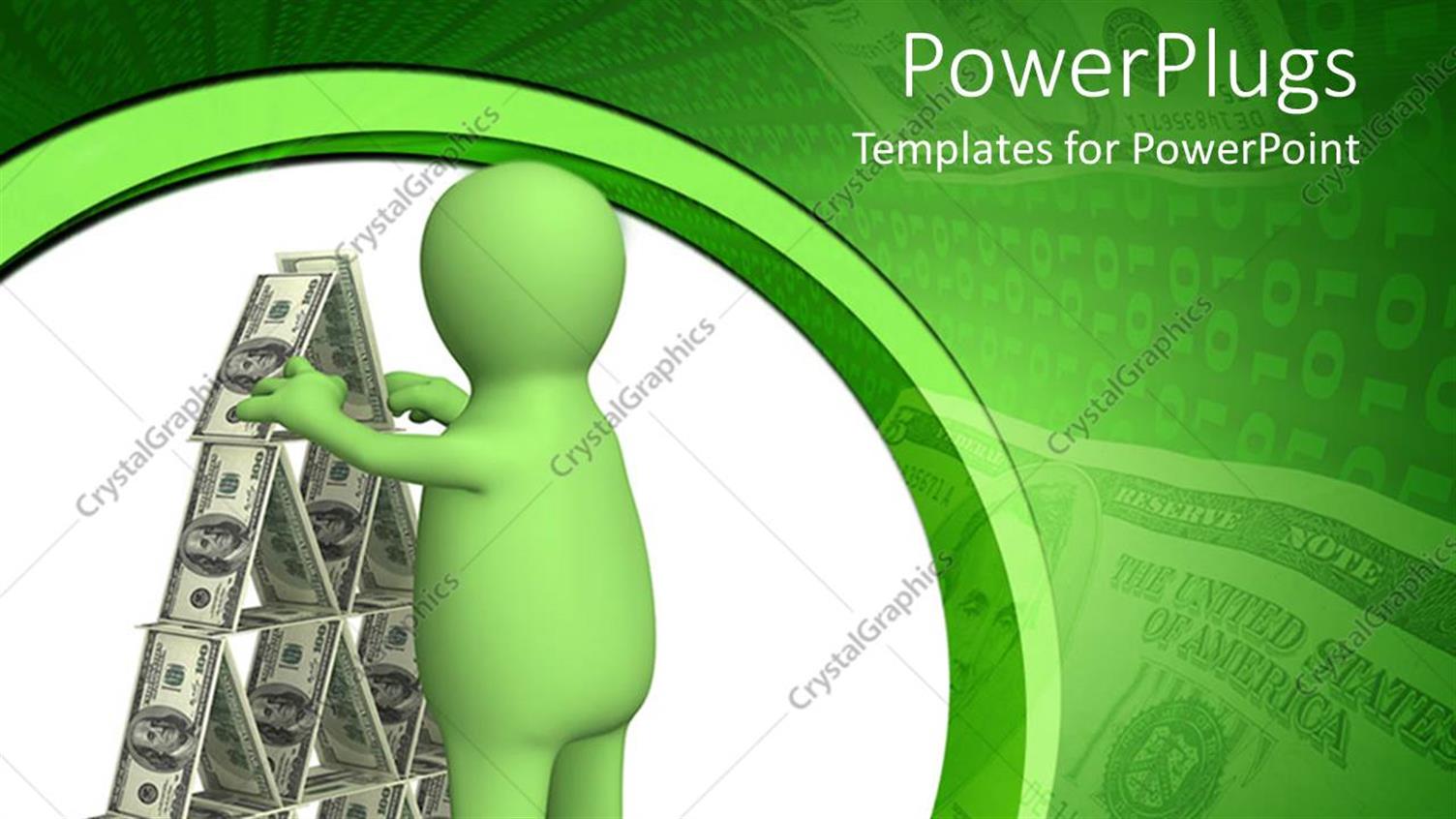 Featuring a Green Character Arranging a Pyramid of Dollar Bills