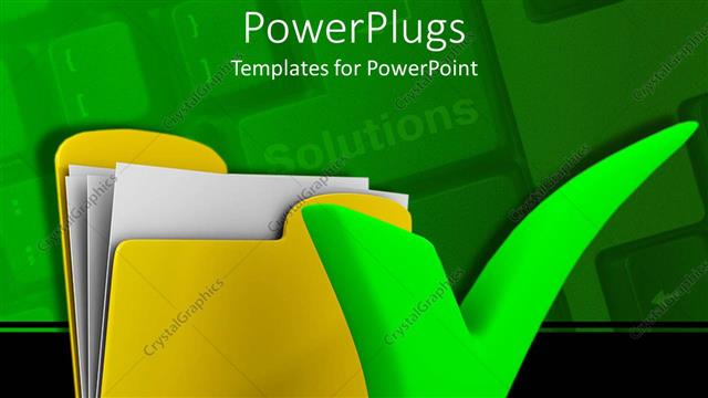  Presentation with solutions - Green check mark with yellow computer folder, keyboard background, IT solutions