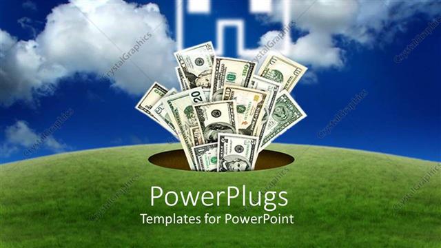  Presentation with land - Green field land with a hole in the middle and dollar bills flying
