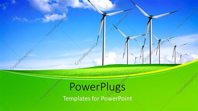  Presentation with blue line - Green field with line of wind vanes over blue cloudy sky