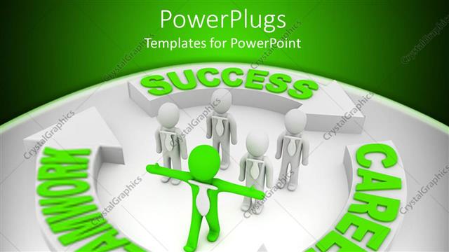 Presentation with career - Green figure with arms out leads group of white figures in neck ties
