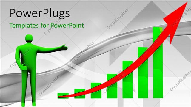  Presentation with bar - Green figure pointing to bar chart with red upward arrow