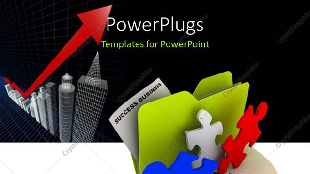  Presentation with green office - Green folder icon beside colored puzzle pieces and office buildings