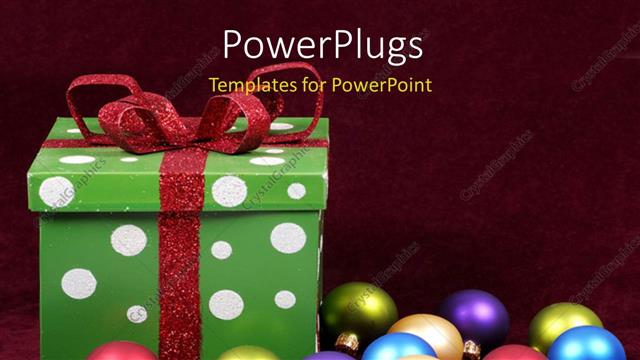  Presentation with gift - Green gift box with   colored ornaments on red background