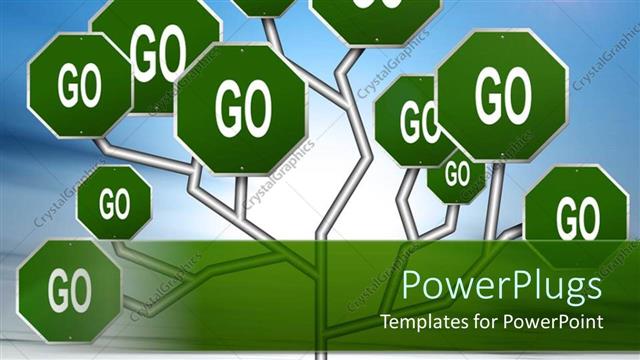  Presentation with interconnected - Green go sign posts interconnected on bright blue sky background