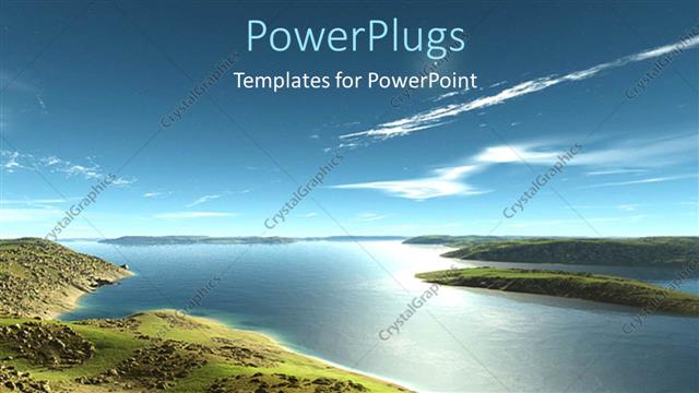  Presentation with green lake - Green grass next to calm lake under clear blue sky