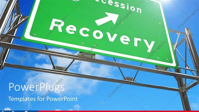  Presentation with recovery - Green highway sign with arrow to Recession Recovery on blue sky