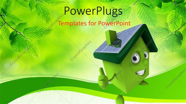  Presentation with leaves - Depiction of green smiley house over green background with fresh leaves
