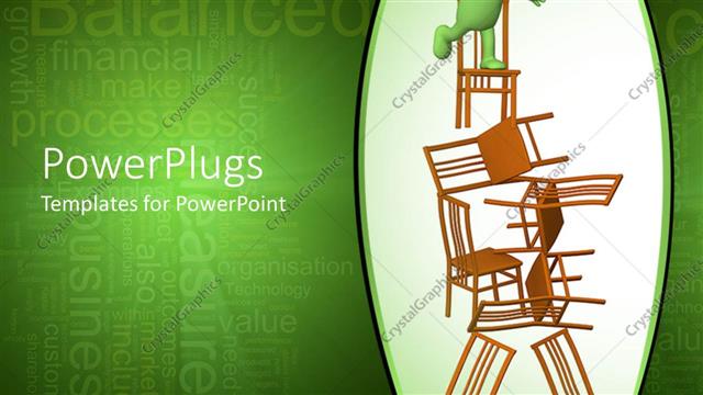  Presentation with chairs - Green human figure trying to balance itself on a stack of chairs