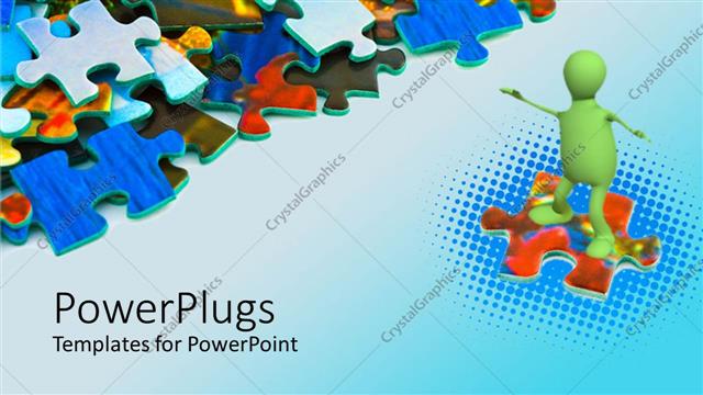  Presentation with jigsaw - Green human riding on puzzle piece with colorful jigsaw pieces