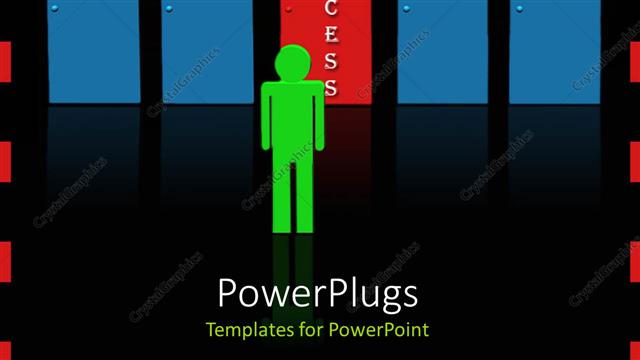  Presentation with man door - Green man standing?with red unique door to success among other doors