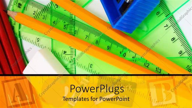  Presentation with blue green - Green protractor, blue pencil sharpener, pencils, eraser