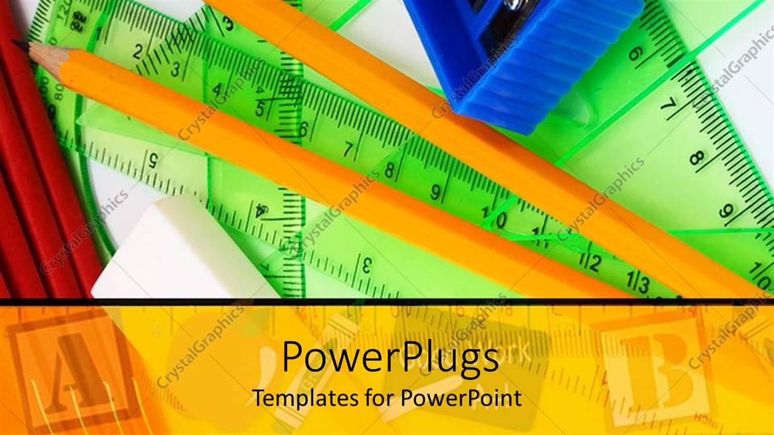 Featuring Green Protractor, Blue Pencil Sharpener, Pencils, Eraser