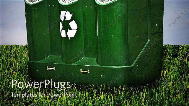  Presentation with bin - Green recycle bin with three openings on green grass