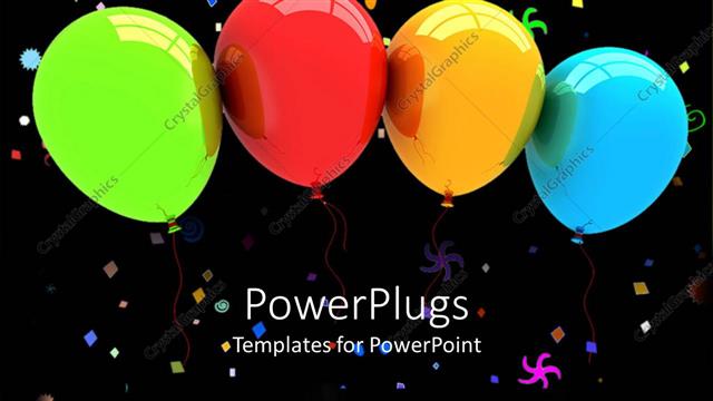  Presentation with balloons blue - Green, red, yellow and blue balloons and party colorful symbols on black background