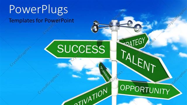  Presentation with sky blue - Green signpost of business ingredients over blue cloudy sky