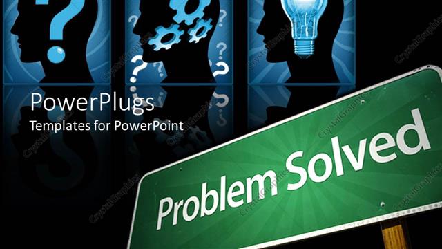  Presentation with head - Green signpost reads problem solved with three inquisitive human head