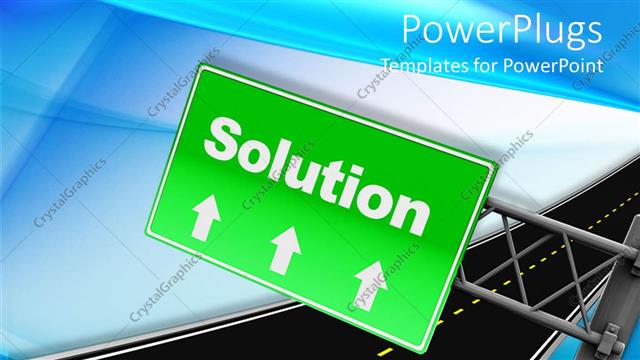  Presentation with blue green - Green street sign with arrows indicating road to Solution on blue background