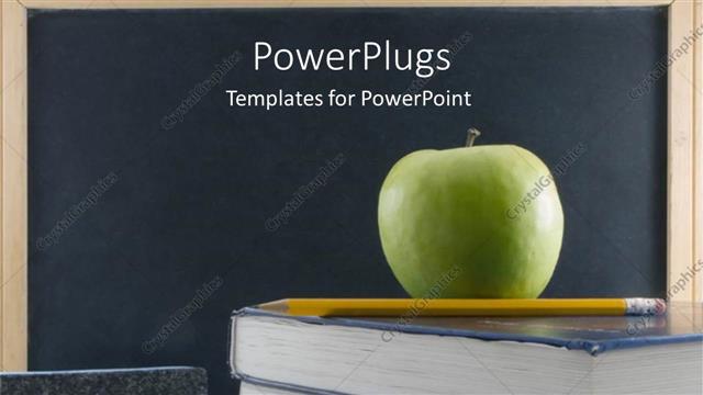  Presentation with teachers apple - Green teachers apple on textbook with chalkboard and pencil education school