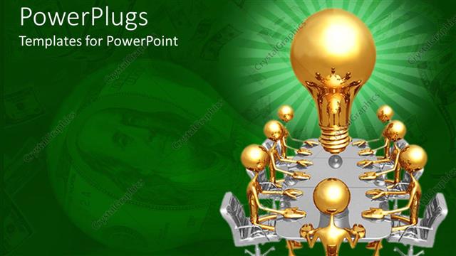  Presentation with round table - Green and white background with men sitting round table and light bulb
