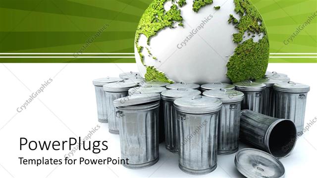  Presentation with aluminium - Green and white earth globe between aluminium trash cans