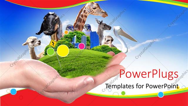  Presentation with animals - Hand holds green vegetation and animals depicting wildlife preservation