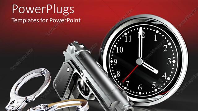  Presentation with metallic - Grey dominating color with grey handcuffs metallic gun and clock showing the time