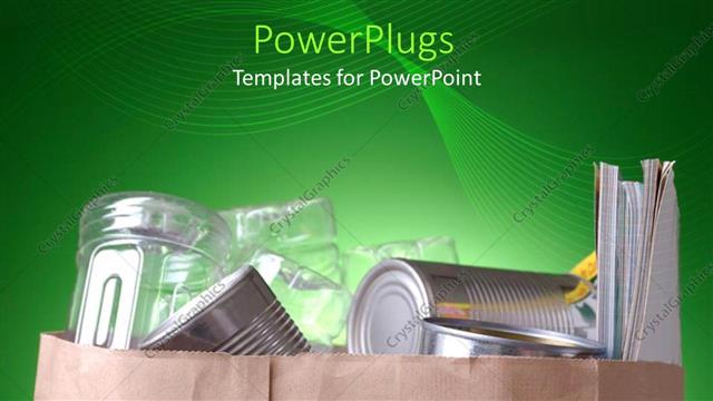  Presentation with abstract green - Grocery bag with silver cans, plastic bottles and magazines on abstract green background
