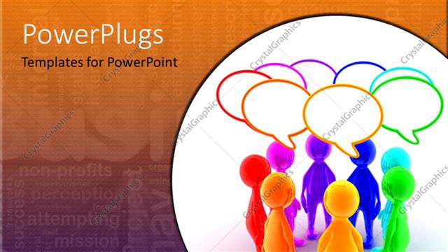  Presentation with talk - Group of brightly colored figures with conversation bubbles on business word cloud background