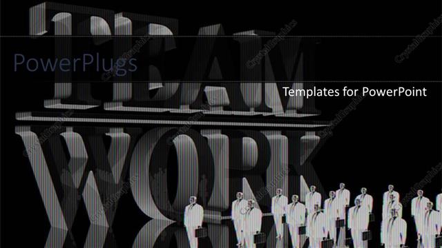  Presentation with team group - Group of business men in suits next to big TEAMWORK sign