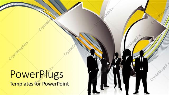  Presentation with silver - Group of business people silhouettes in front of three dimensional silver arrows