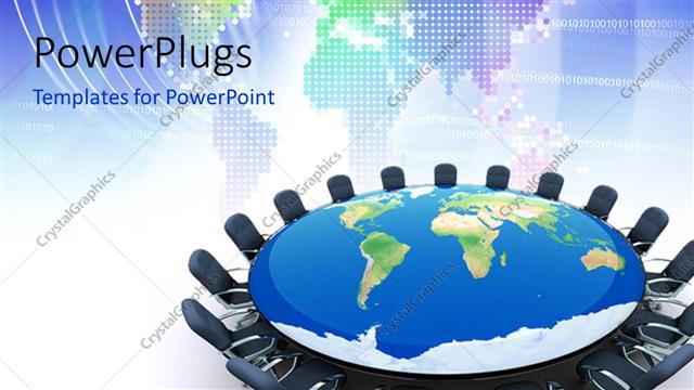  Presentation with global conference world - Group of chairs arranged around large world map table