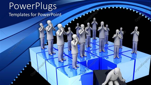  Presentation with standing sitting - Group of distraught looking figures standing on blue boxes with one thoughtful figure sitting