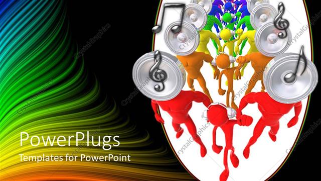  Presentation with speakers - Group of figures with headphones and speakers instead of heads with musical notes