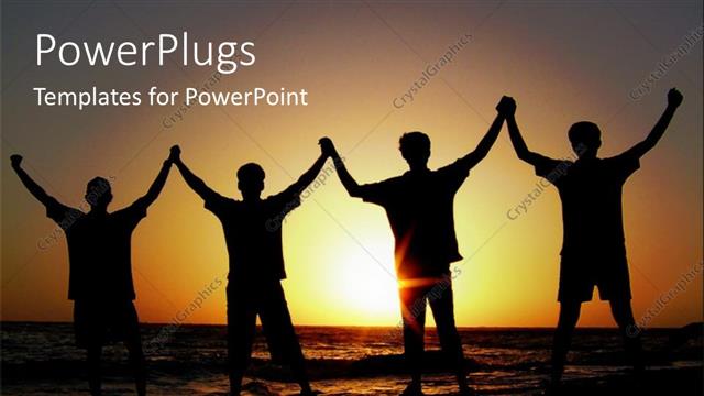  Presentation with friends - A group of friends happy on the beach with sunset in background