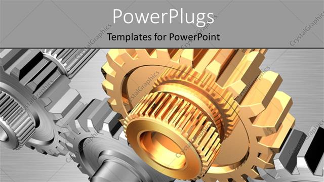  Presentation with gear - Group of grey gears with one golden gear over grey background