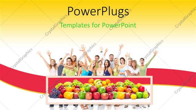  Presentation with fruits - Collection of nutritious fruits with group of happy people in background